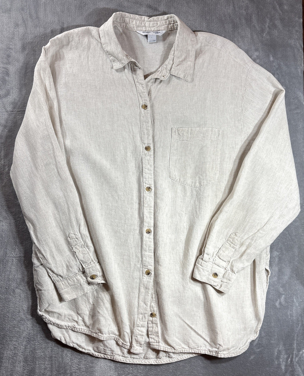 Boho Old Navy The Boyfriend Shirt Women Size L Oatmeal Beige Coastal